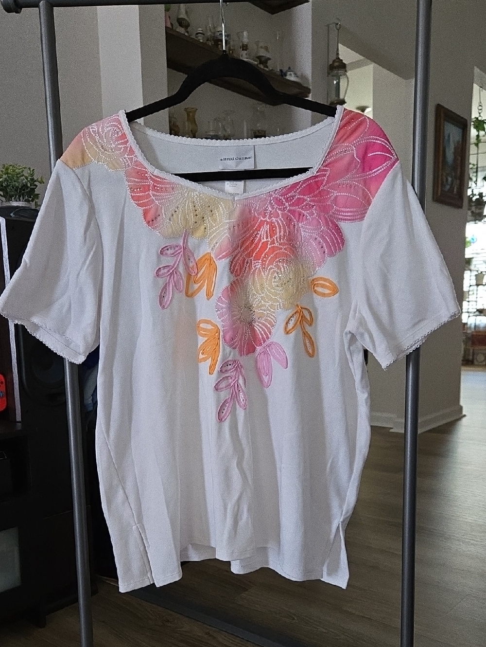 Alfred Dunner White Tee with Pink & Orange Embroidered Flowers